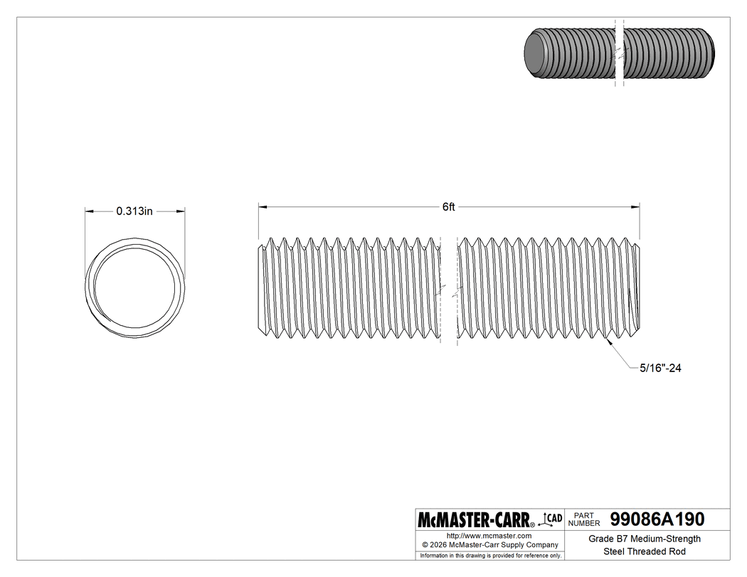 Technical Drawing of Grade B7 Medium-Strength Steel Threaded Rod, Zinc Yellow-Chromate Plated, 5/16"-24 Thread Size, 6 Feet Long.
